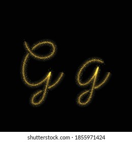 Gold glitter letter G, star sparkle trail font on dark background