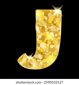 Gold glitter letter J letter J isolated on black background. Vector illustration.