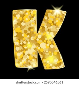 Gold glitter letter K. letter K isolated on black background. Vector illustration.