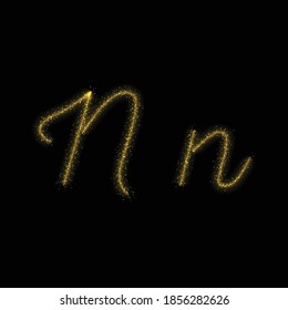 Gold glitter letter N, star sparkle trail font on dark background