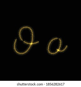 Gold glitter letter O, star sparkle trail font on dark background