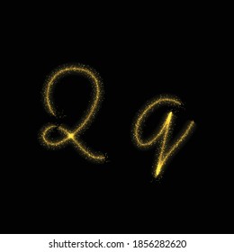 Gold glitter letter Q, star sparkle trail font on dark background
