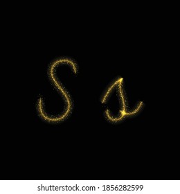 Gold glitter letter S, star sparkle trail font on dark background