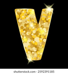 Gold glitter letter V. letter V isolated on black background. Vector illustration.
