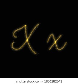 Gold glitter letter X, star sparkle trail font on dark background