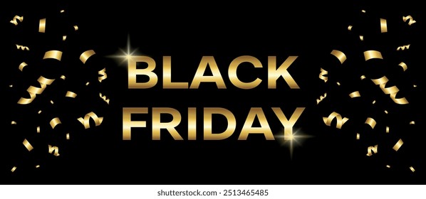 Gold glitter lettering Black Friday with gold confetti on black background. Banner for annual sale. Dark background with golden text lettering. Horizontal banner, poster, header