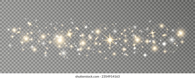 Gold glitter light background. Christmas luxury banner. Golden dust wave. Glowing bokeh confetti. White magic particles frame. Flying bright stars. Neon garland lamp. Vector illustration.