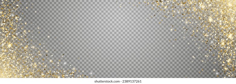 Gold glitter light border. Christmas banner. Holiday magic star effect frame. Golden flying particle. Twinkle fairy bulb. Shine luxury confetti. Sparkle bokeh. Festive party. Vector illustration.