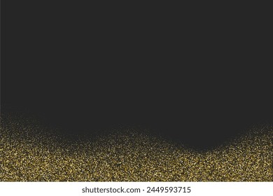 Gold glitter light confetti background. Abstract golden shine sparkle on black wallpaper. Shiny magic glittering dust on floor. Luxury bright shimmer sequins. Christmas or holiday card decoration.