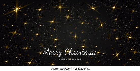 Brillo dorado y efecto luminoso de las partículas sobre partículas de brillo de estrella de fondo negro. Diseño de pancartas navideñas. Ilustración del vector