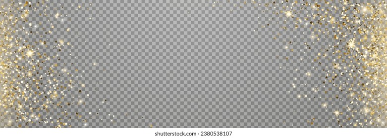 Gold glitter light frame. Christmas banner. Golden flying particle. Holiday magic star effect. Twinkle fairy bulb. Shine luxury confetti. Sparkle bokeh. Festive party design. Vector illustration.