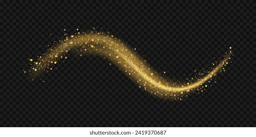 Gold glitter light frame. Christmas banner. Golden flying particle. Holiday magic star effect. Twinkle fairy bulb. Shine luxury confetti. Sparkle bokeh. Festive party design. Vector illustration