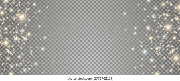 Gold glitter light frame. Sparkle golden stars bokeh. Twinkle fairy bulb. Shine luxury banner. Christmas Holiday glow particle. Magic star effect. Festive party design. Vector illustration.