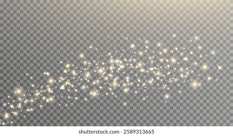 Gold glitter light and star wave. Christmas banner with glow particle. Magic sparkle golden bokeh. New Year luxury background. Festive party. Twinkle flash. Fairy bulb. Vector illustration.