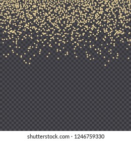 Gold glitter lights isolated on dark transparency grid background. Festive vector overlay, decorative element, border or frame design.