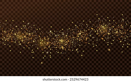 Gold glitter line, particles, stars, magic sparkles. Isolated glow flare light effect. Golden luxurious luminous points. Abstract bright effect for Christmas, happy birthday, awarding designs. Vector.