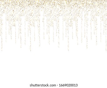 Gold glitter lines on white background. Golden sparkling confetti. Luxury holiday border. Glitter decoration frame. Bright sparkles and dust. Vector illustration