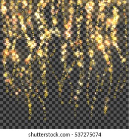 Gold glitter lines particles background. Falling gold light effect for luxury for Christmas or New Year greeting card. Sparkling texture, star glowing dust. Party decorations design elements