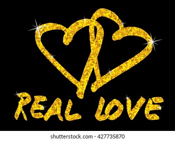 Gold glitter love logo on black