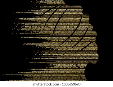 Gold glitter luxury portrait beautiful African woman background in traditional turban, Kente African head wrap , Traditional dashiki printing, black women golden silhouette vector isolated on black