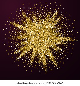 Gold glitter luxury sparkling confetti. Scattered small gold particles on red maroon background. Actual festive overlay template. Good-looking vector illustration.