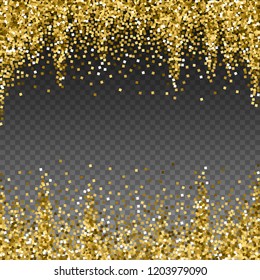 Gold glitter luxury sparkling confetti. Scattered small gold particles on transparent background. Adorable festive overlay template. Wondrous vector illustration.