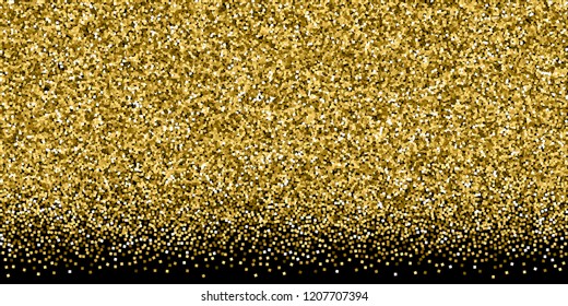 Gold glitter luxury sparkling confetti. Scattered small gold particles on black background. Breathtaking festive overlay template. Perfect vector illustration.