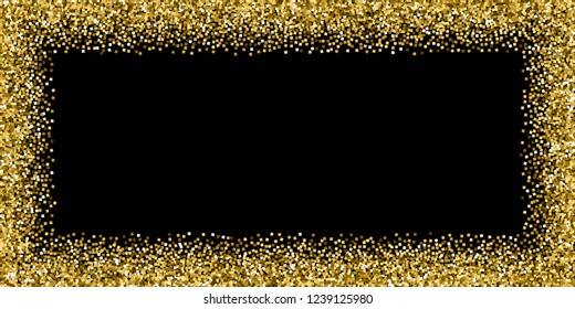 Gold glitter luxury sparkling confetti. Scattered small gold particles on black background. Bold festive overlay template. Alluring vector illustration.