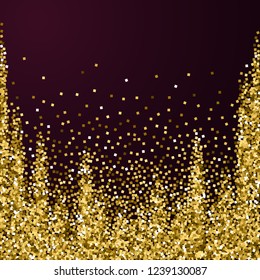 Gold glitter luxury sparkling confetti. Scattered small gold particles on red maroon background. Adorable festive overlay template. Breathtaking vector illustration.