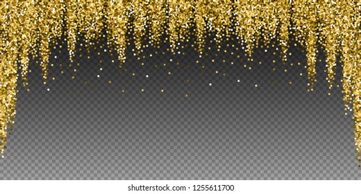 Gold glitter luxury sparkling confetti. Scattered small gold particles on transparent background. Beauteous festive overlay template. Outstanding vector illustration.