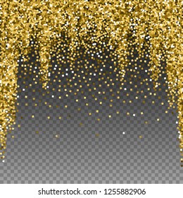 Gold glitter luxury sparkling confetti. Scattered small gold particles on transparent background. Admirable festive overlay template. Pleasing vector illustration.