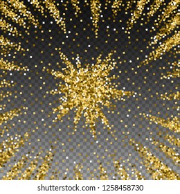 Gold glitter luxury sparkling confetti. Scattered small gold particles on transparent background. Actual festive overlay template. Appealing vector illustration.