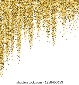 Gold glitter luxury sparkling confetti. Scattered small gold particles on white background. 