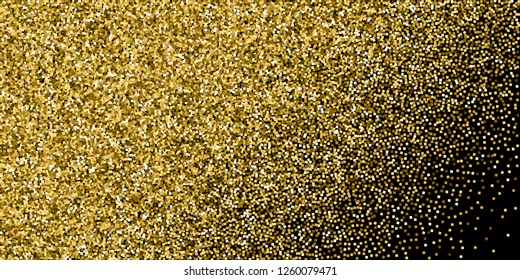 Gold glitter luxury sparkling confetti. Scattered small gold particles on black background. Brilliant festive overlay template. Vibrant vector illustration.