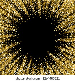 Gold glitter luxury sparkling confetti. Scattered small gold particles on black background. Appealing festive overlay template. Fancy vector illustration.