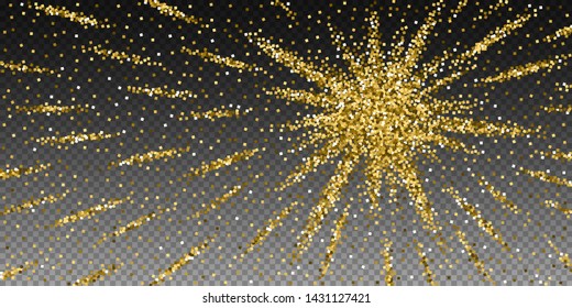 Gold glitter luxury sparkling confetti. Scattered small gold particles on transparent background. Authentic festive overlay template. Classy vector illustration.