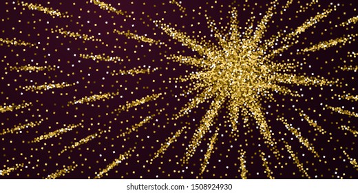 Gold glitter luxury sparkling confetti. Scattered small gold particles on red maroon background. Authentic festive overlay template. Classic vector illustration.