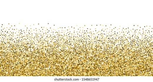 Gold glitter luxury sparkling confetti. Scattered small gold particles on white background. Brilliant festive overlay template. Captivating vector illustration.