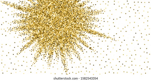 Gold glitter luxury sparkling confetti. Scattered small gold particles on white background. Awesome festive overlay template. Alive vector illustration.