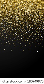 Gold glitter luxury sparkling confetti. Scattered small gold particles on black background. Excellent festive overlay template. Dramatic vector background.