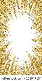 Gold glitter luxury sparkling confetti. Scattered small gold particles on white background. Dramatic festive overlay template. Bizarre vector background.