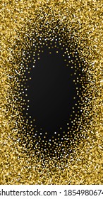 Gold glitter luxury sparkling confetti. Scattered small gold particles on black background. Divine festive overlay template. Splendid vector background.