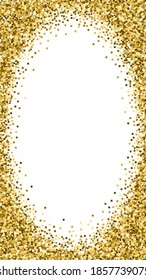 Gold glitter luxury sparkling confetti. Scattered small gold particles on white background. Dramatic festive overlay template. Modern vector background.