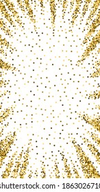 Gold glitter luxury sparkling confetti. Scattered small gold particles on white background. Divine festive overlay template. Magnificent vector background.