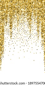 Gold glitter luxury sparkling confetti. Scattered small gold particles on white background. Eminent festive overlay template. Original vector background.