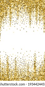 Gold glitter luxury sparkling confetti. Scattered small gold particles on white background. Emotional festive overlay template. Creative vector background.