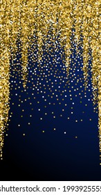 Gold glitter luxury sparkling confetti. Scattered small gold particles on dark blue background. Eminent festive overlay template. Optimal vector background.