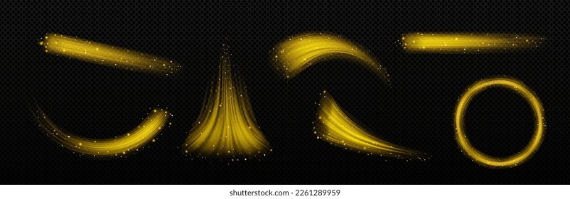 Gold glitter magic dust effect on transparent background. Sparkle shimmer stream, flowing wind with golden powder particles, vector isolated illustration. Set of realistic shiny flying traces