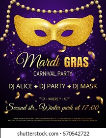 Gold glitter mask for Mardi Gras Tuesday carnival party poster or flyer on purple background with gold bead garland and confetti. Celebration greeting card. Vector illustration