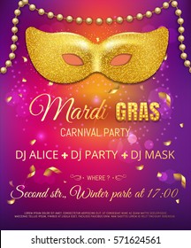 Gold glitter mask for Mardi Gras Tuesday carnival party poster or flyer on purple background with gold bead garland and confetti. Celebration greeting card. Vector illustration